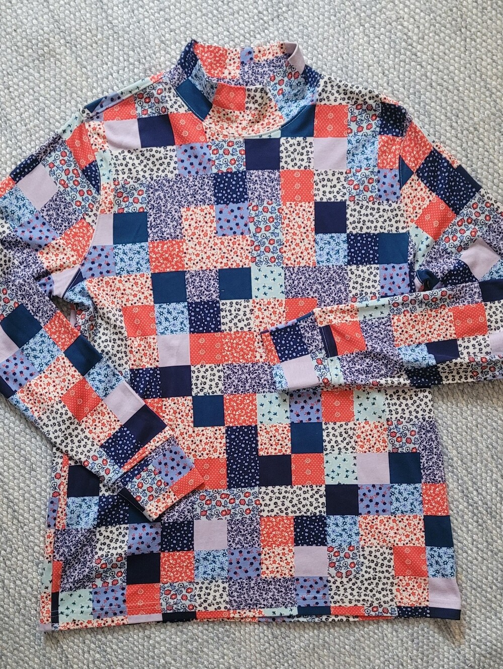 Patchwork Fitted Turtleneck Small Florals Vibrant Lightweight Long Sleeve